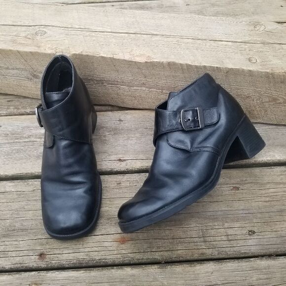 Vintage 90s y2k Bratz Square Toe Chunky Heel Black Leather Ankle Boots Booties 9 - Picture 1 of 9